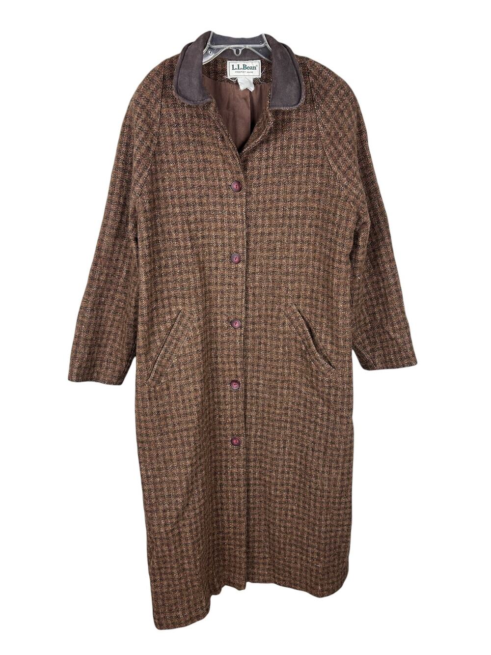 LL Bean Vintage 80s Womens Brown Wool Lined Long Sleeve Long Wool Coat L